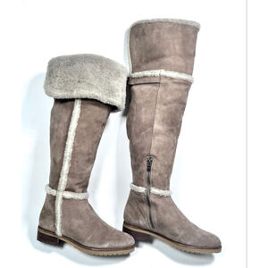 Frye Womans Boots Taupe Suede Over the Knee Boots with Shearling Trim 6.5
